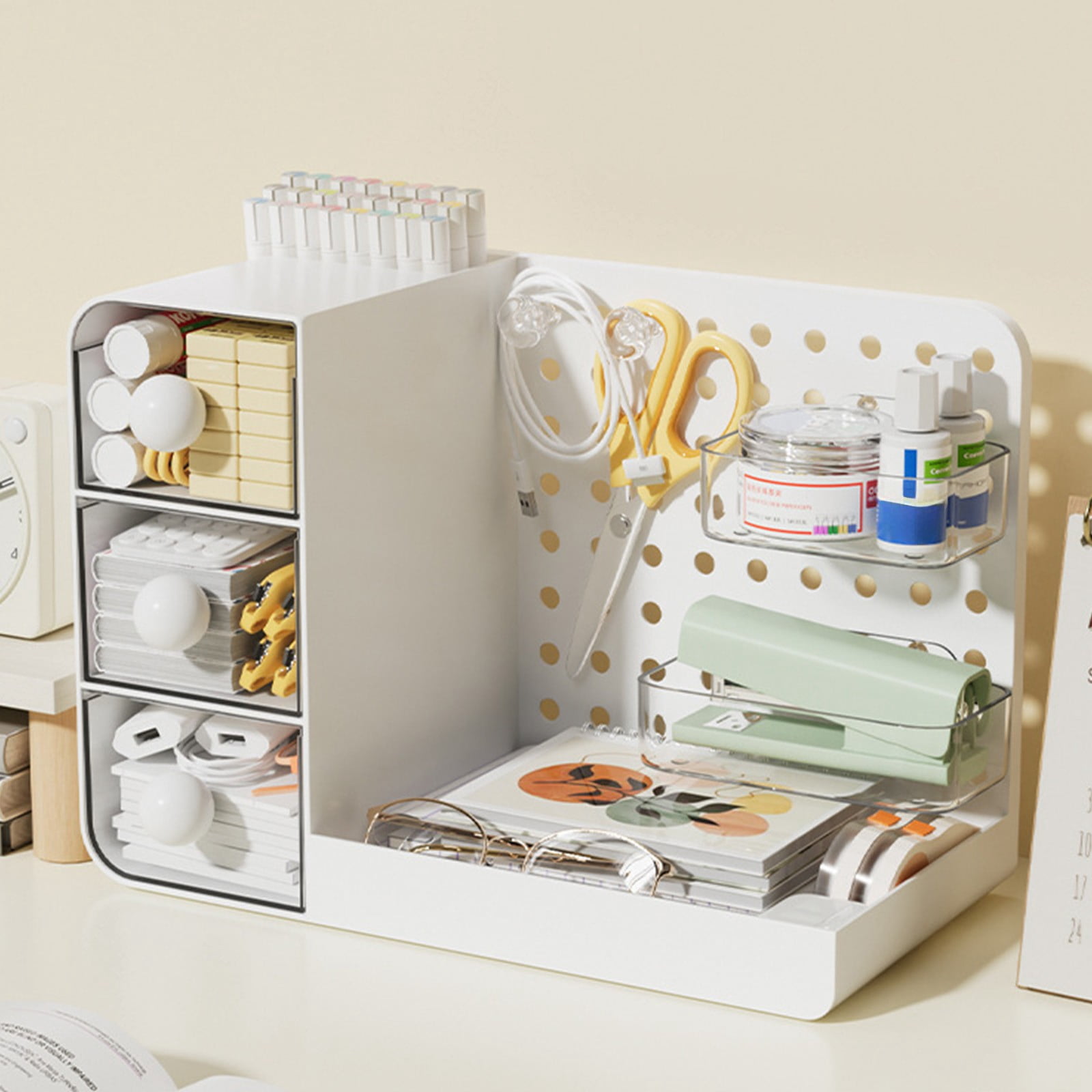 Horivan Desktop Pegboard Organizer with Drawers Adjustable Storage Rack for Office Supplies Cosmetics Crafts Multifunctional Desk Organizer for Home Office Desk Space Saving Desktop Organizer