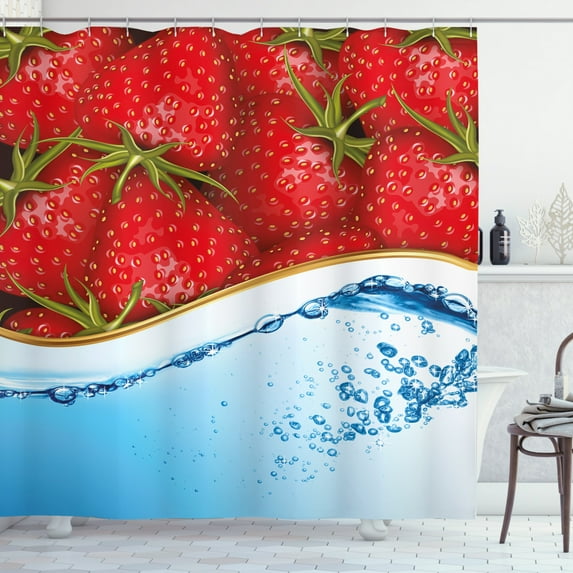 Ambesonne Strawberry Shower Curtain, Summer Fruit and Water, 69"Wx84"L, Pale Blue Dark Coral