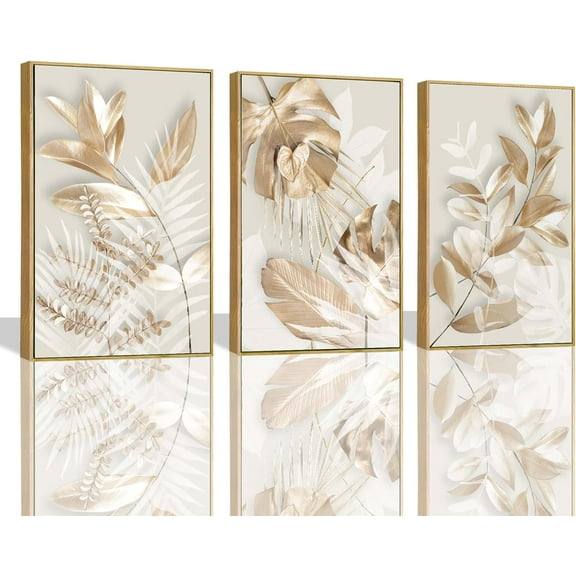 Large Picture for Living Room 3 Pieces Modern Gold Flowers and Leaves Canvas Wall Pictures White and Gold Wall Art for Bedroom Decor Elegant Wall Decor Set of 3 Wall Art Unframed