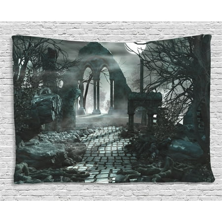 Gothic Decor Tapestry, Full Moon Light over Medieval Temple Ruins at Night Dark Scary Backdrop Image, Wall Hanging for Bedroom Living Room Dorm Decor, 60W X 40L Inches, Blue Grey, by Ambesonne