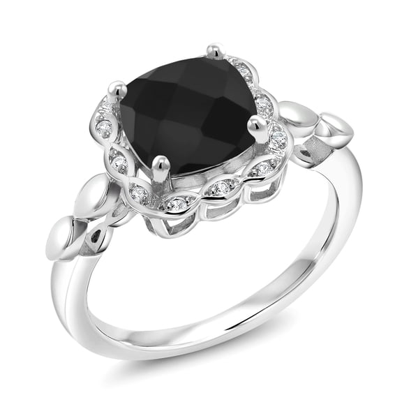 Gem Stone King 925 Sterling Silver Black Onyx and White Created Sapphire Engagement Ring for Women | 2.21 Cttw | Cushion Checkerboard 8MM | Gemstone December Birthstone | Size 5
