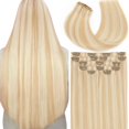 thumbnail image 1 of Lacer Extensiones de cabello con clip sin costuras, cabello humano, color destacado, rubio ceniza oscuro, rubio platino mixto, 7 piezas invisibles de piel sintética, trama recta, extensiones de cabell, 1 of 1
