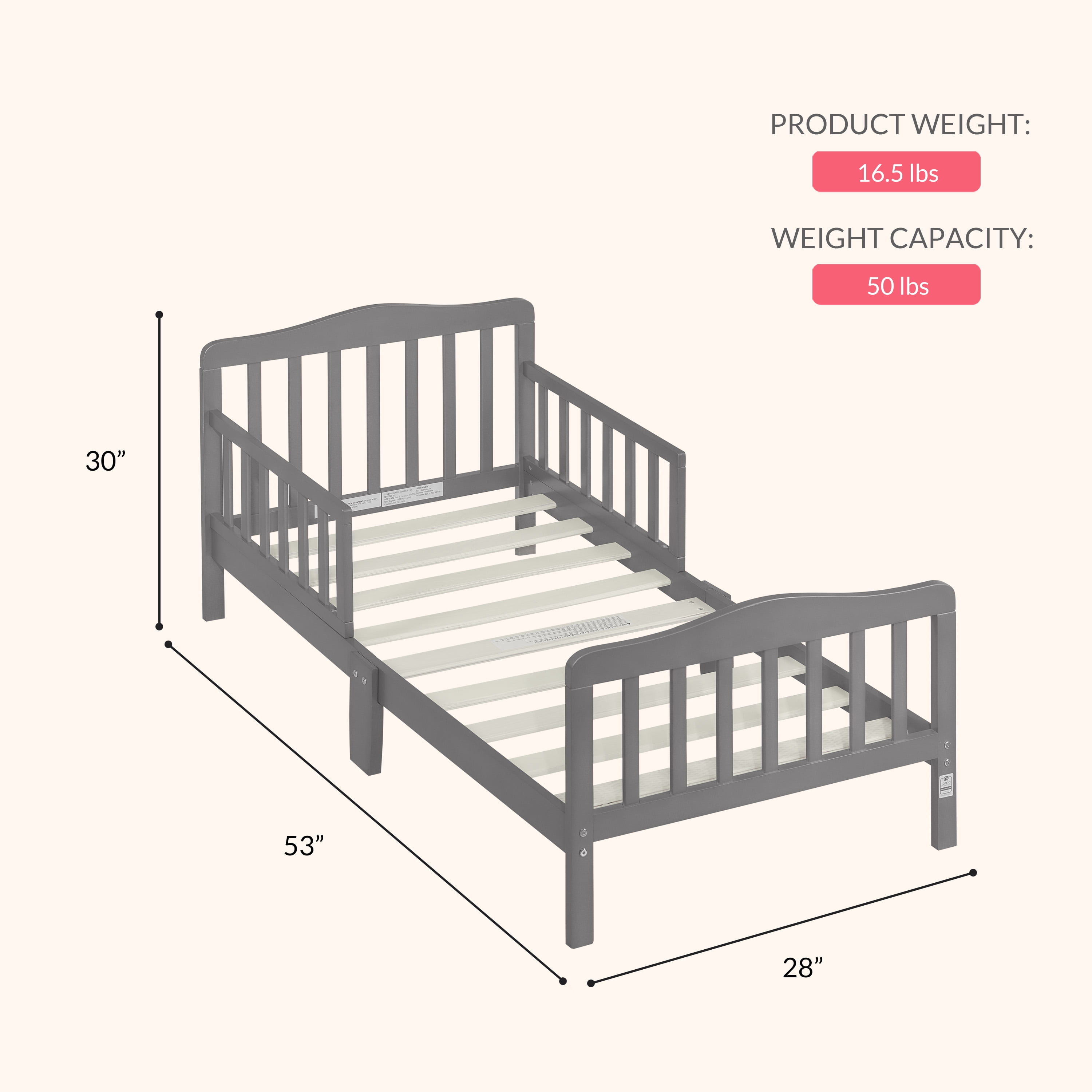 Dream On Me Classic Design Toddler Bed, Steel Grey