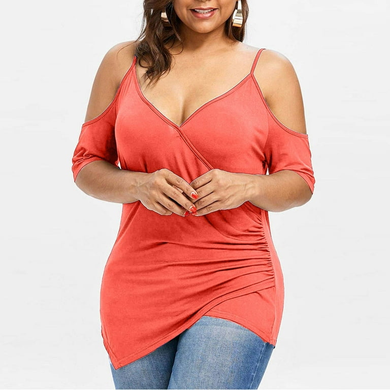 RYDCOT Fashion Womens Plus Size Cutout Asymmetric Cold Shoulder T-shirt  V-Neck Tops Pink XL