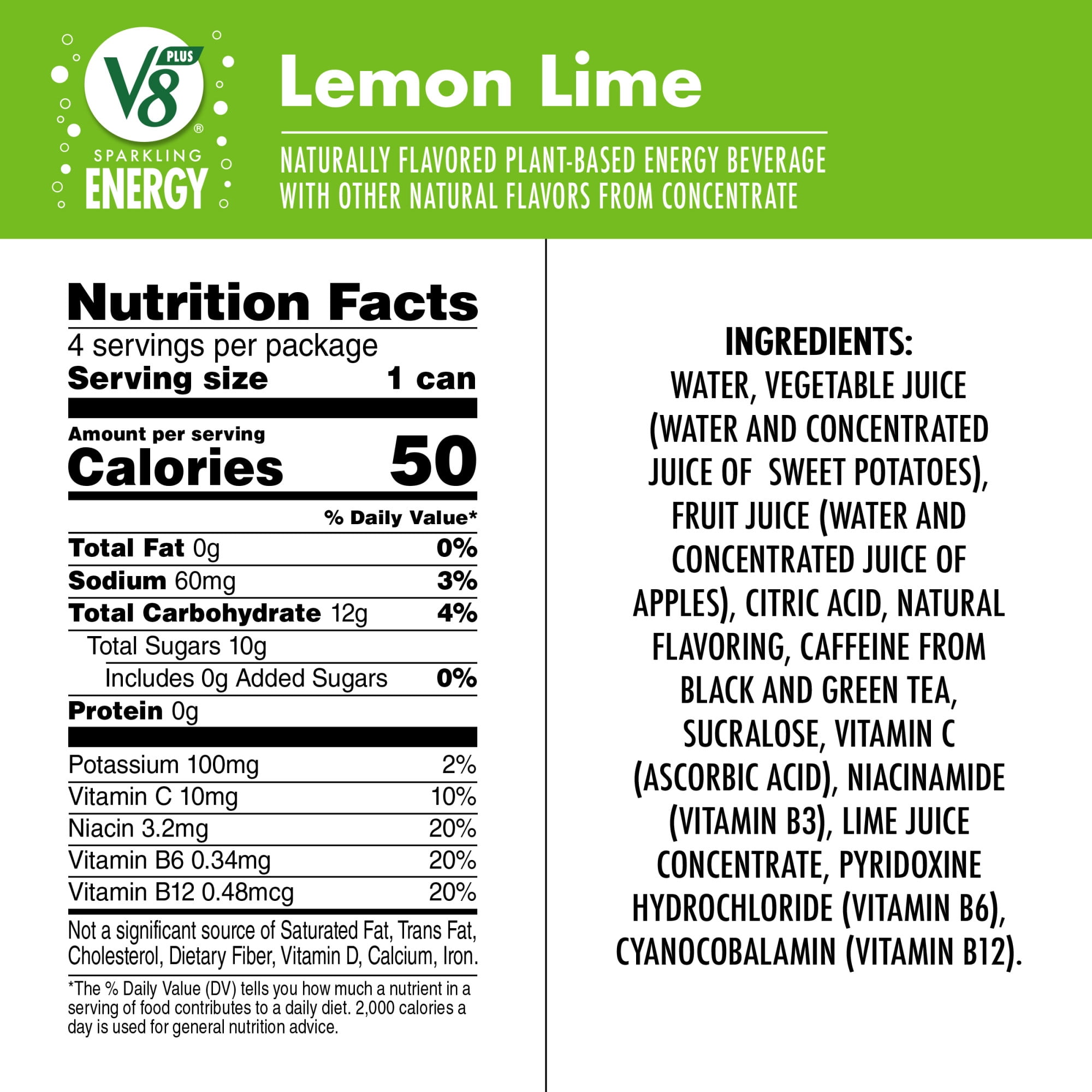 V8 +Energy Sparkling Lemon Lime Juice Energy Drink, 11.5 fl oz Can, 4 Count
