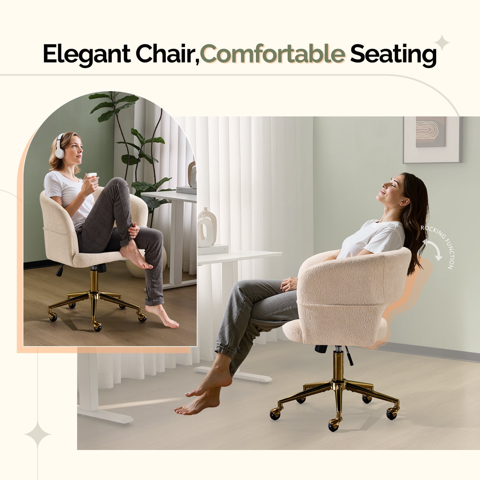 Ktaxon Flannel Accent Chair Multi-Use Makeup Desk Chair with 360 Swivel Adjustable Height for Bedroom Office Dorm Beige
