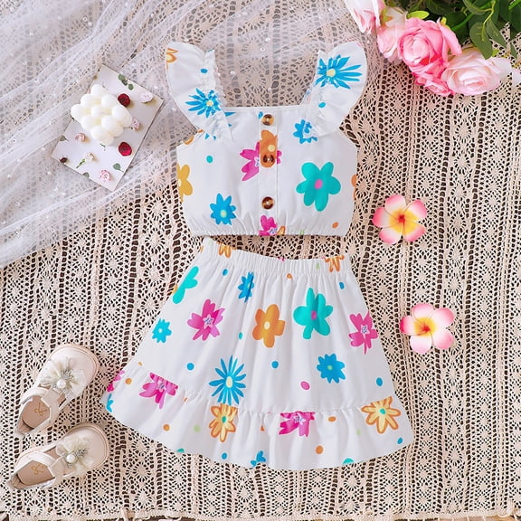 Wuxian Toddler Girls Spring Summer Skirt Sets Flower Print Ruffled Sleeveless Square Collar Button Down Tank Top Elastic High Waist A-Line Skirts Two Piece Birthday Party Outfits,White,2-3 Years