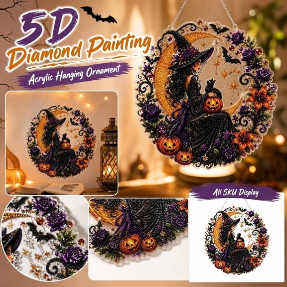 Halloween Witch Diamond Art Hanging Ornament Kit, Acrylic DIY Diamond Painting Suncatcher with Faceted Rhinestones, Window Decor(black)