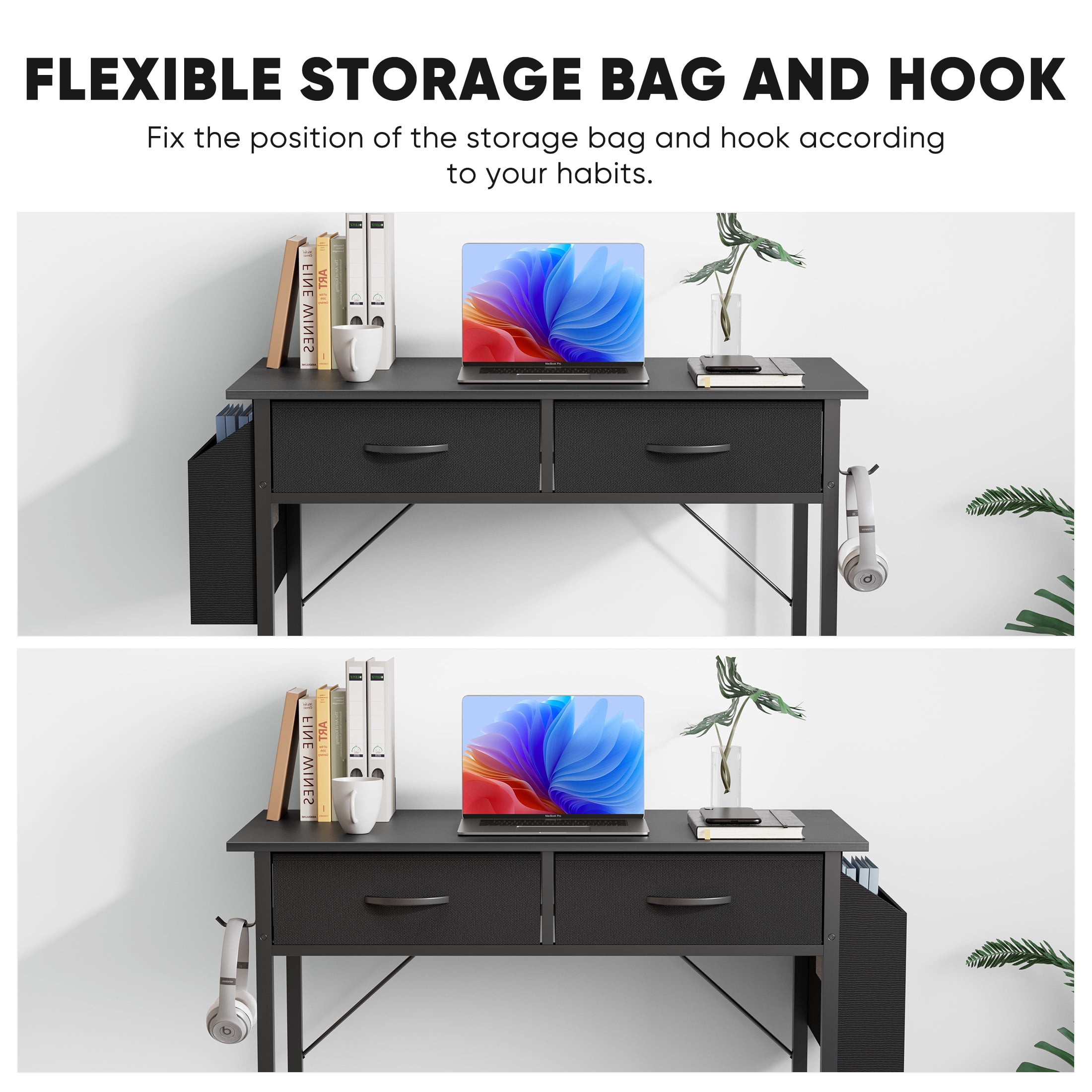 JIOABL Small Desk with 2 Drawers 32 Inch Bedroom Kids Student Vanity Home Office Computer PC Table with Fabric Storage Bag, Study Writing Wood Deskboard for Small Spaces,Black
