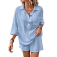 thumbnail image 2 of WAYUTE Shorts Sets Women 2 Piece Outfits Casual Solid Color Blend Short Sleeve Lapel Shirt and Shorts Loungewear Sets Matching Clothing, 2 of 7