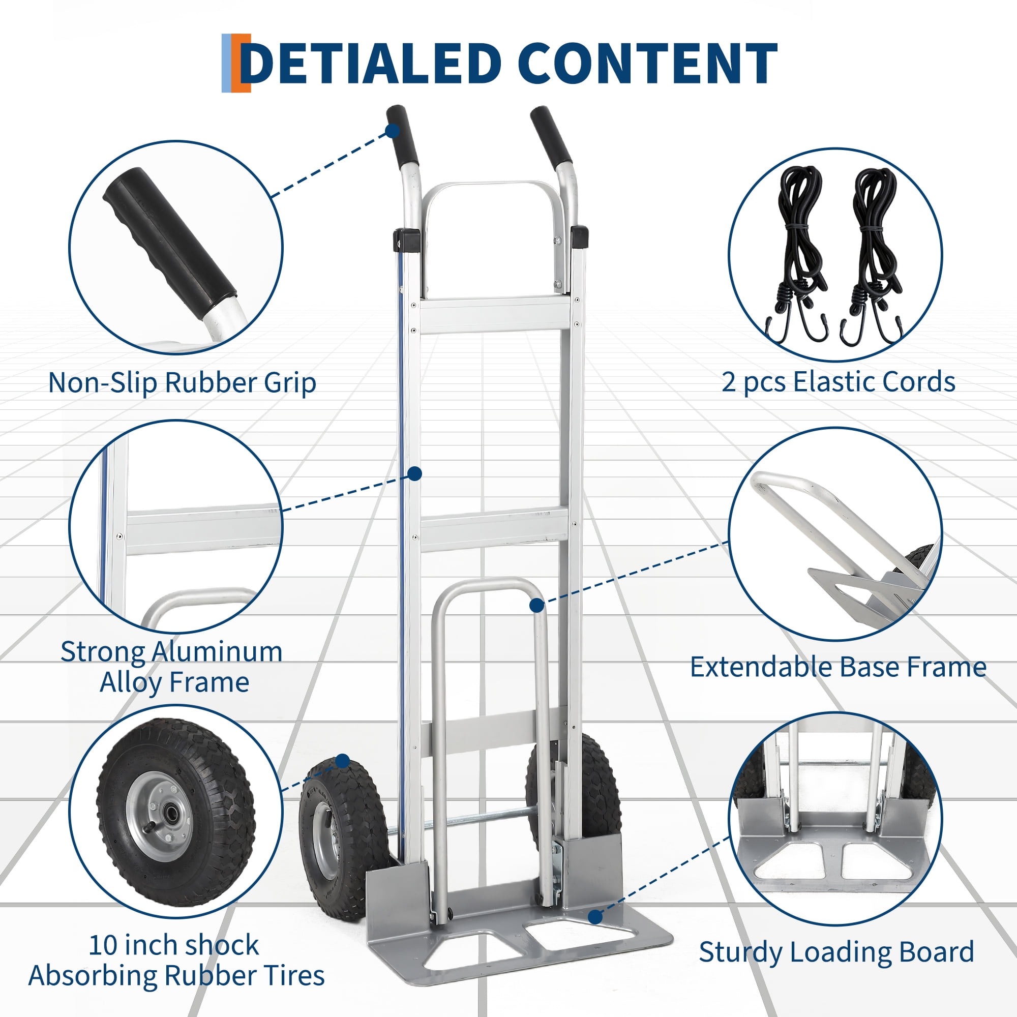 Heavy Duty Aluminum Hand Truck Dolly – 600 lbs Capacity – Collapsible Platform Cart with Extendable Base – 10" Pneumatic Wheels – Includes 2 Elastic Cords