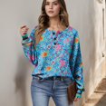 thumbnail image 4 of Women's Autumn Winter Dense Floral Print Top Waffle Henry Shirt for Luxurious and Comfortable Fall Fashion with Floral Designs,Sky Blue,S, 4 of 7