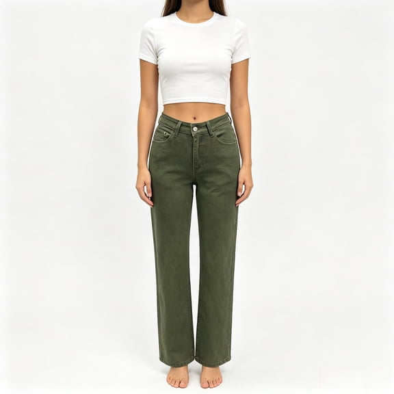 Women's High Waist Olive Green Straight Leg Jeans with Pockets, Stretch Casual Long Denim Pants