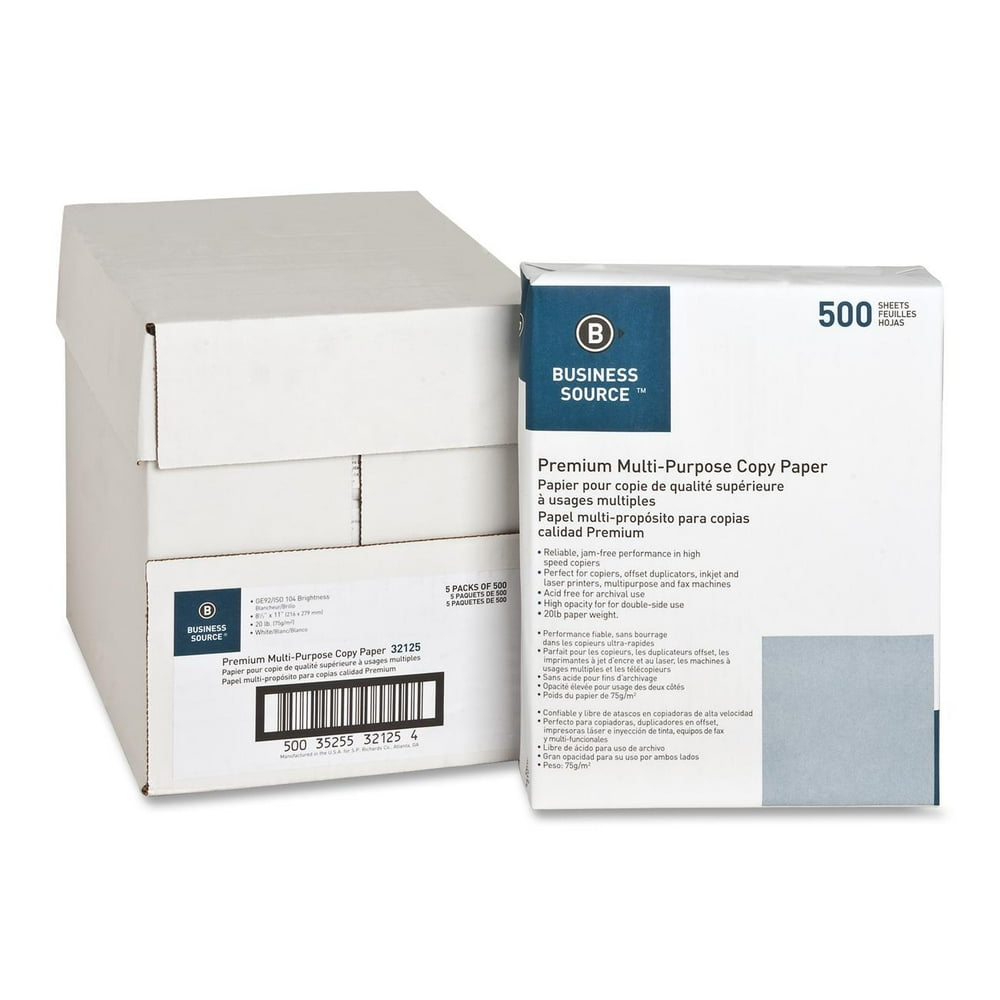 Business Source Premium Multipurpose Copy Paper, 8.5" x 11", 92 Bright, 20 Lb, 2,500 Sheets/5