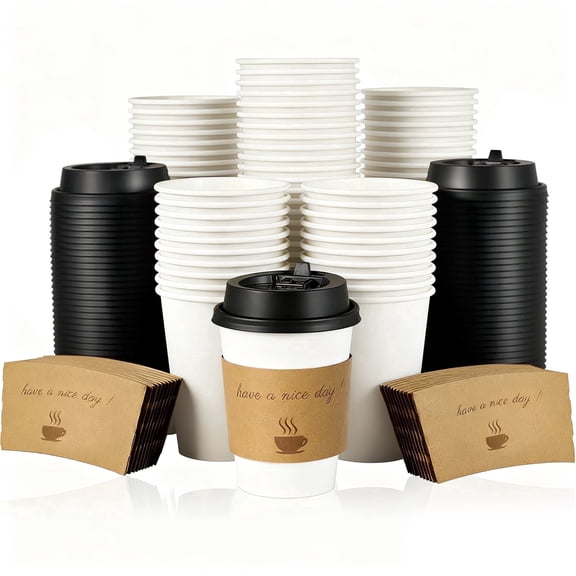 Lamosi 12oz Disposable Coffee Cups with Lids and Sleeves, Leak-free Insulated to Go Paper Hot Cups, 100 Count