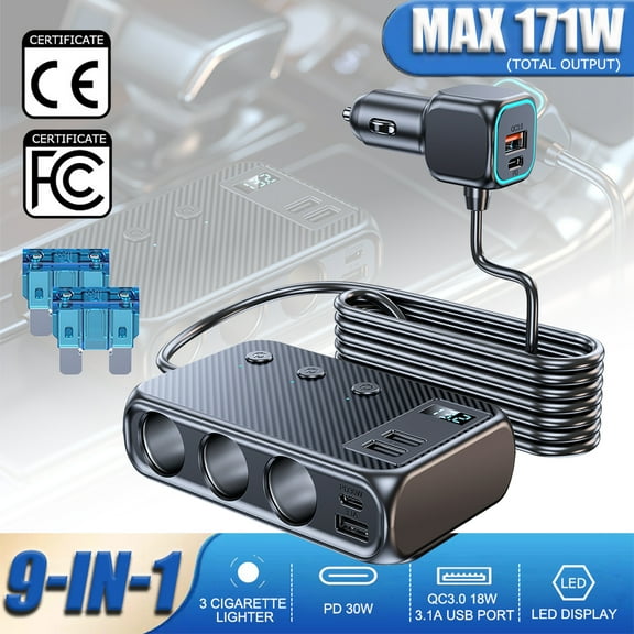 ASTRAEA 9 in 1 Car Cigarette Lighter Splitter, 171W Multi Port USB C Fast Charger, USB Splitter with 2.3FT Cable for iPhone/Samsung/iPad Pro/MacBook