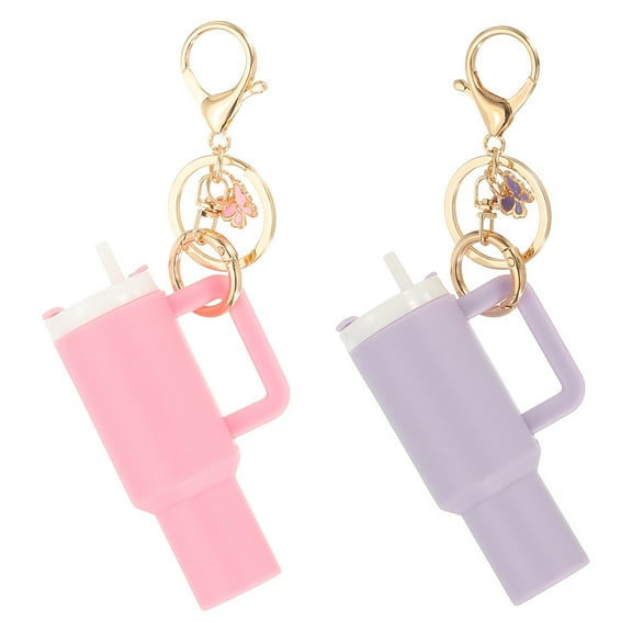 Uxcell Mini Cup Keychain, 2Pcs Mini Tumbler Keychain Lip Balm Holder Cute Cup Charm for Women Handbags Backpack, Pink, Light Purple Butterfly