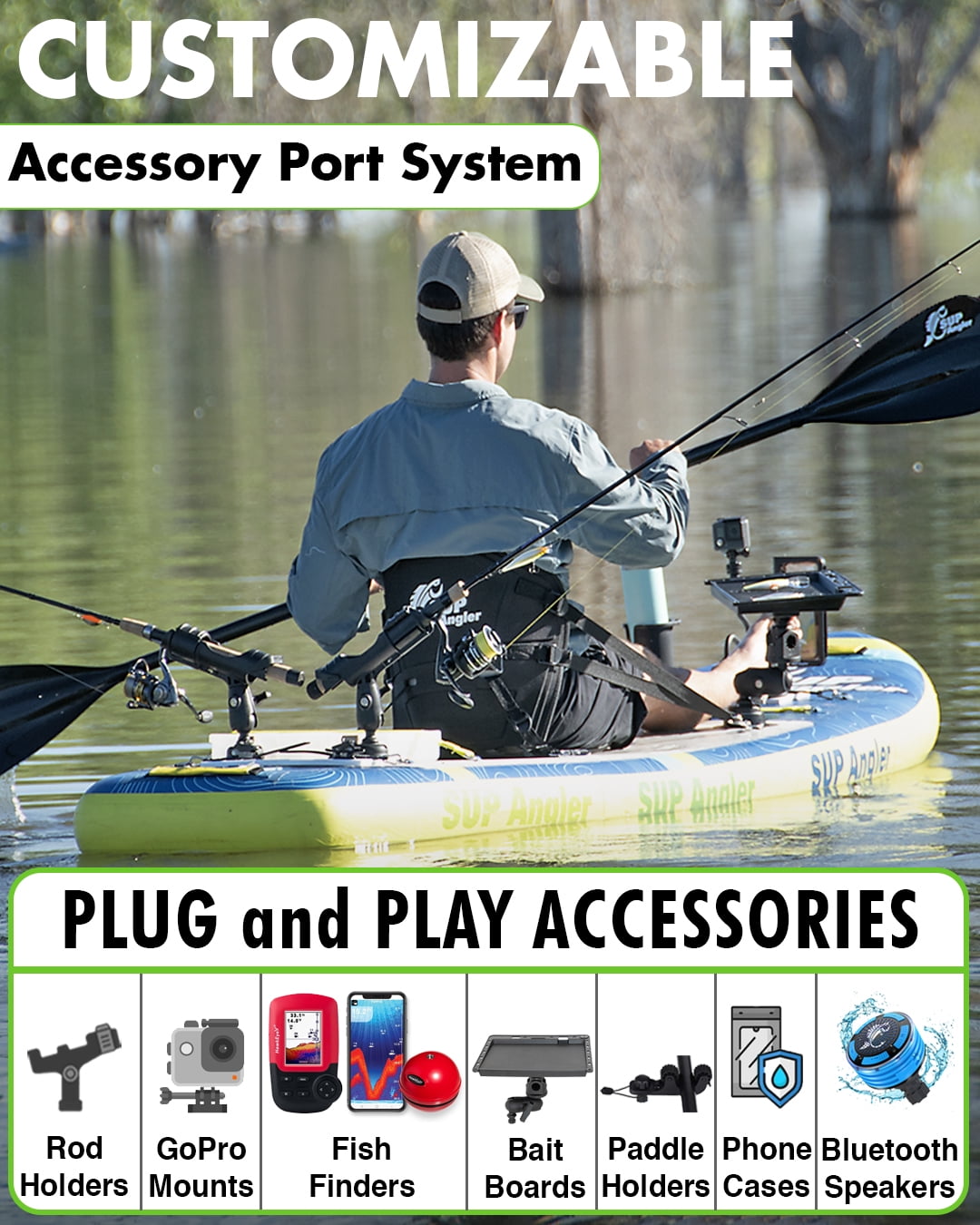 SUP Angler I X-Wide Inflatable Fishing Paddle Board for Adults to 425 lbs - Waterproof Touchscreen Phone Case, 2X Fishing Rod Holders, Paddle Holder, Kayak Seat, Paddle, 3 Fins 10'8" X 35"