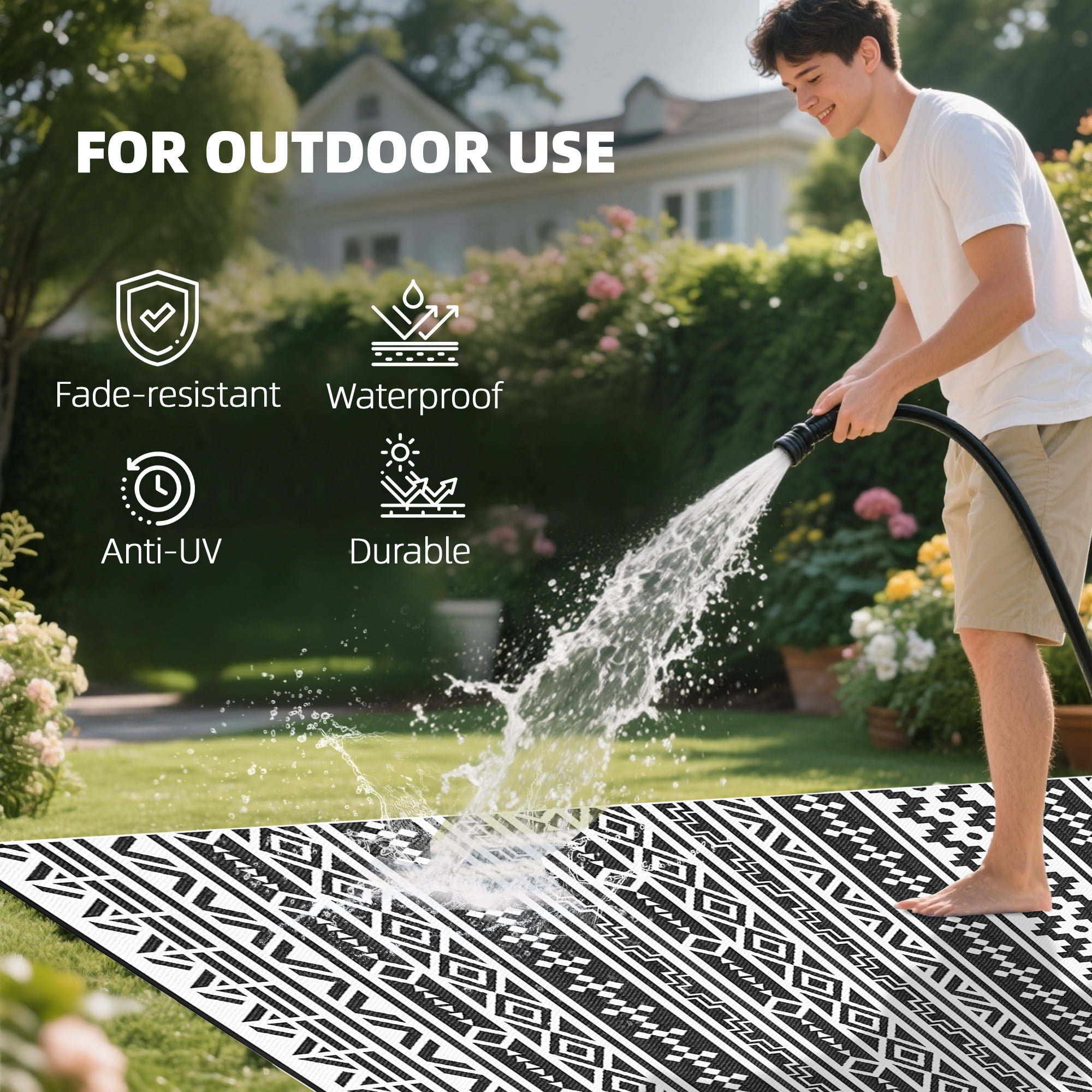 Outsunny Outdoor Patio Rug, Large Camping Carpet with Carrying Bag, 9' x 18' Waterproof Plastic Straw, Reversible, Black & White Geometric Wall