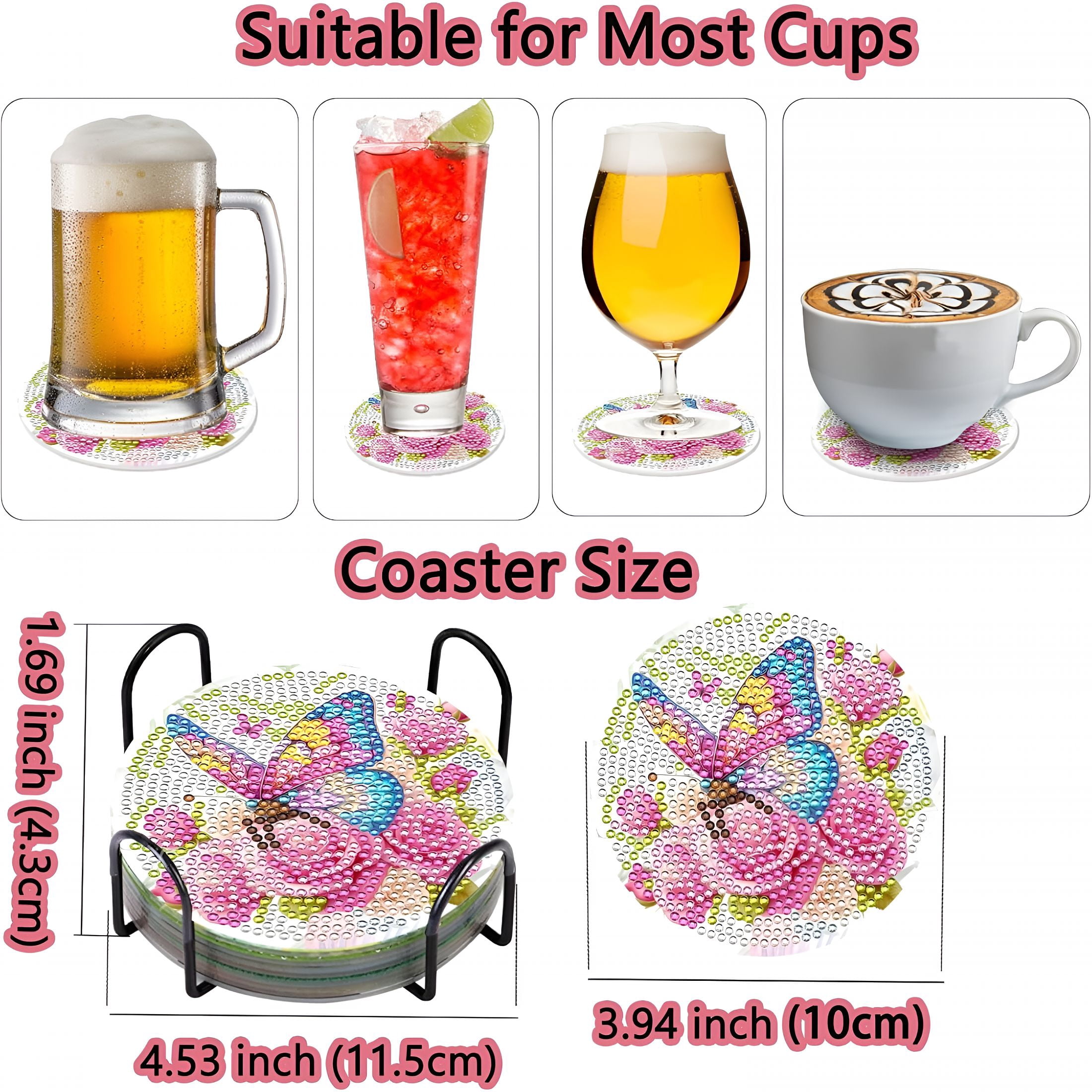 BPPEG Diamond Art Painting Coasters Kit,8 Pcs Colorful Butterfly Coasters with Holder,Diy Diamond Art Painting for Beginners,Diamond Art Kits for Adults