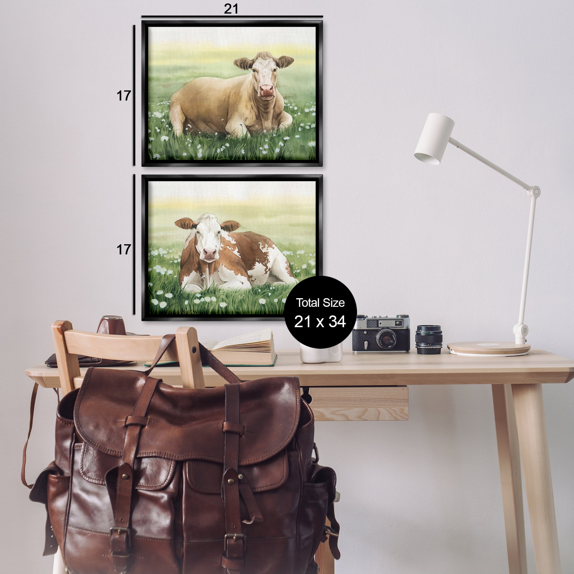 Stupell Industries Cows Resting in Flower Field Animals Painting Black Floater Framed Canvas Art Print Wall Art, 21 x 17, Set of 2