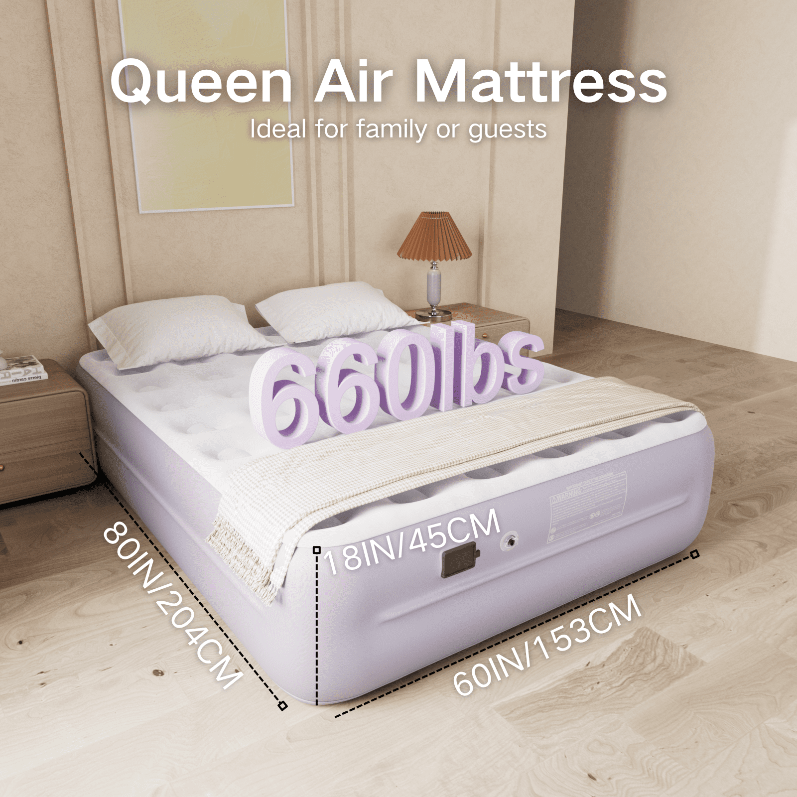 Luxury Queen Air Mattress with Built-In Battery Pump,Heavy-Duty Waterproof Veltex Surface for Indoor/Outdoor Use,Portable Inflatable Camping Bed & Guest Bed(Lavender Purple)