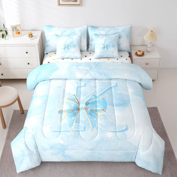 Manfei Cute Initial K 7-Piece Twin Bedding,Princess Bowtie Bedding Comforter Set,Blue,Polkadot Reversible