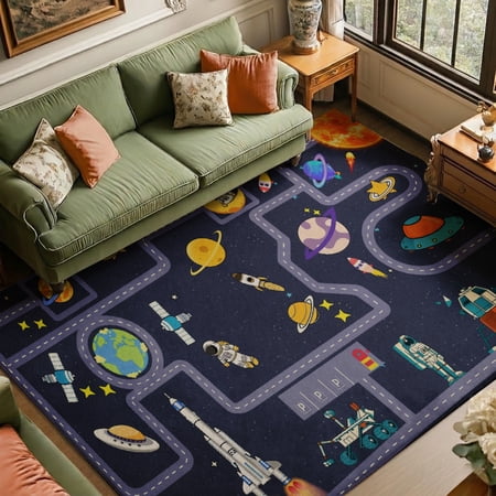 Rdsfhsp Space Adventure Velvet Area Rug, Planets Rockets Astronauts and Galaxy Pattern Soft Carpet for Kids Room Bedroom Playroom Nursery Decor