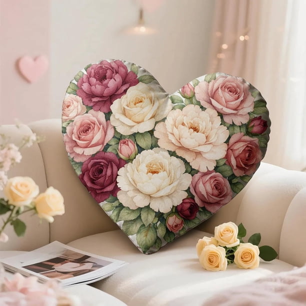 Cojines decorativos con forma de corazón | Fundas de almohada decorativas florales para sofá y cama | Tejido suave para la decoración del hogar | Juego de 1 para sala de estar o dormitorio