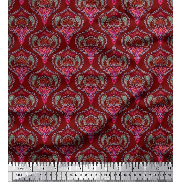 Soimoi Modal Satin Fabric Moroccan Damask Print Fabric by the Yard 42 Inch Wide