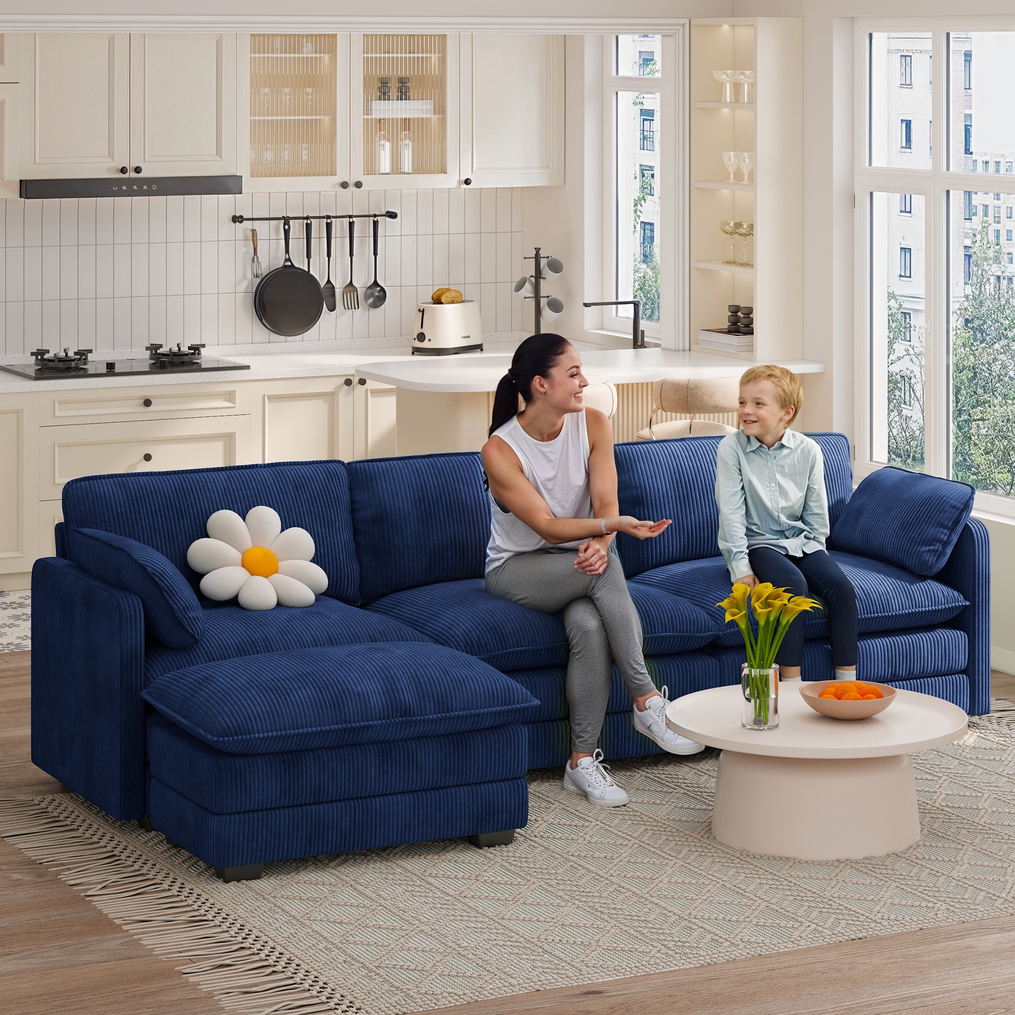 110" Sectional Sofa With Washable Cover, Comfy 3 Seater L-Shaped Corduroy Fabric Couch with Reversible Ottoman & Deep Seat for Apartment,Blue