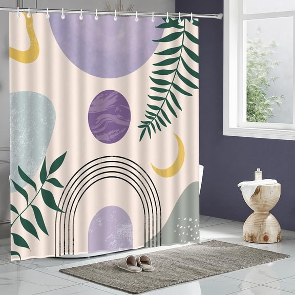 72" x72" Purple Boho Shower Curtain Set,Arch Sun Design,Sage Green Minimalistic Leaves Pattern,Waterproof Luxurious Polyester Fabric-12 Hooks-Cute Purple