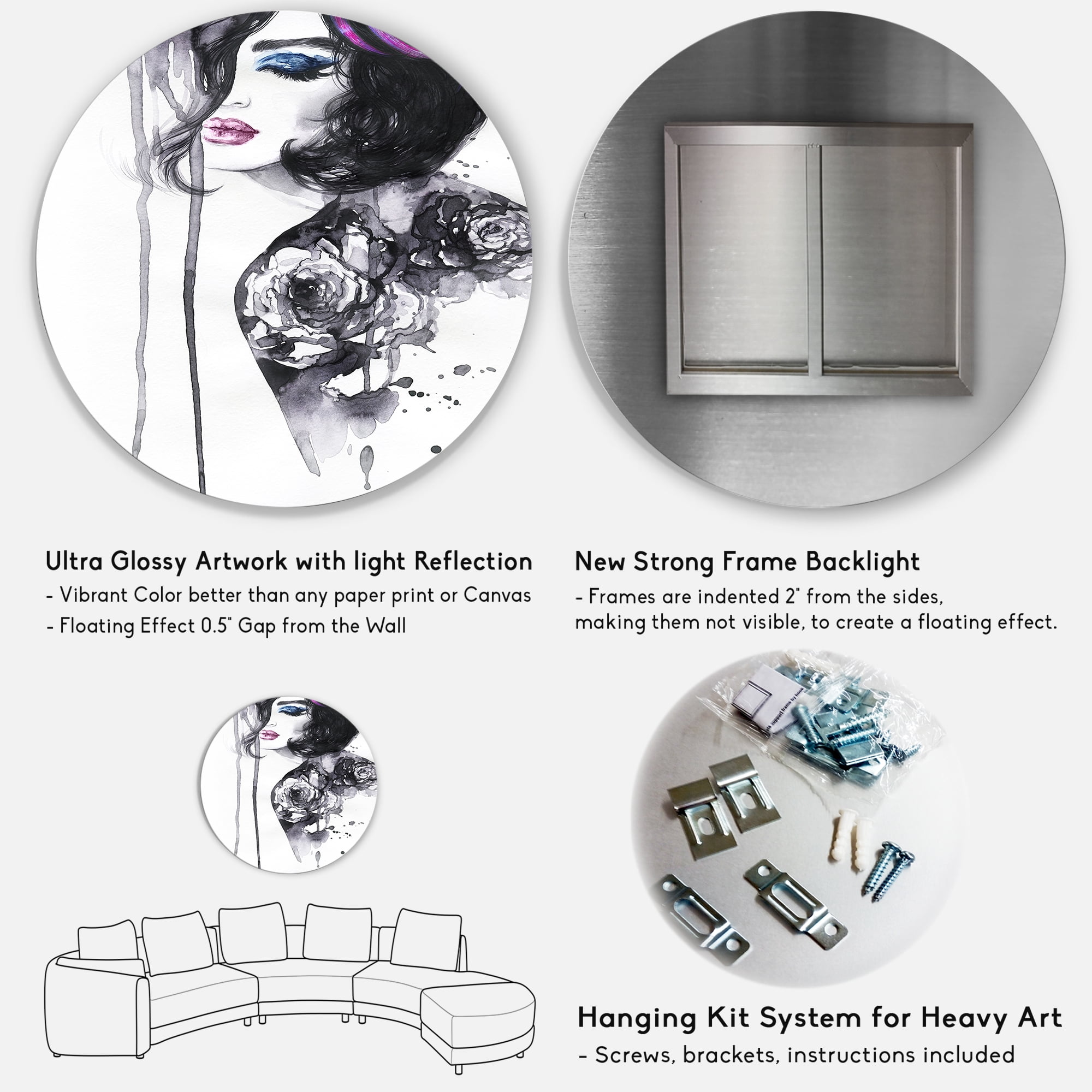 Designart 'Monochrome Female Portrait With Colorful Makeup' Modern Circle Metal Wall Art 36x36 - Disc of 36