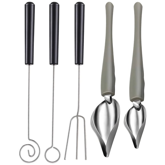 5 Pcs Chocolate Dipping Tools and Culinary Decorating Spoons Set, Stainless Steel Dessert Plating Tools with Black Handles, Include Spiral, Circle, Three-Pronged Forks and Narrow Spout Sauce Spoons