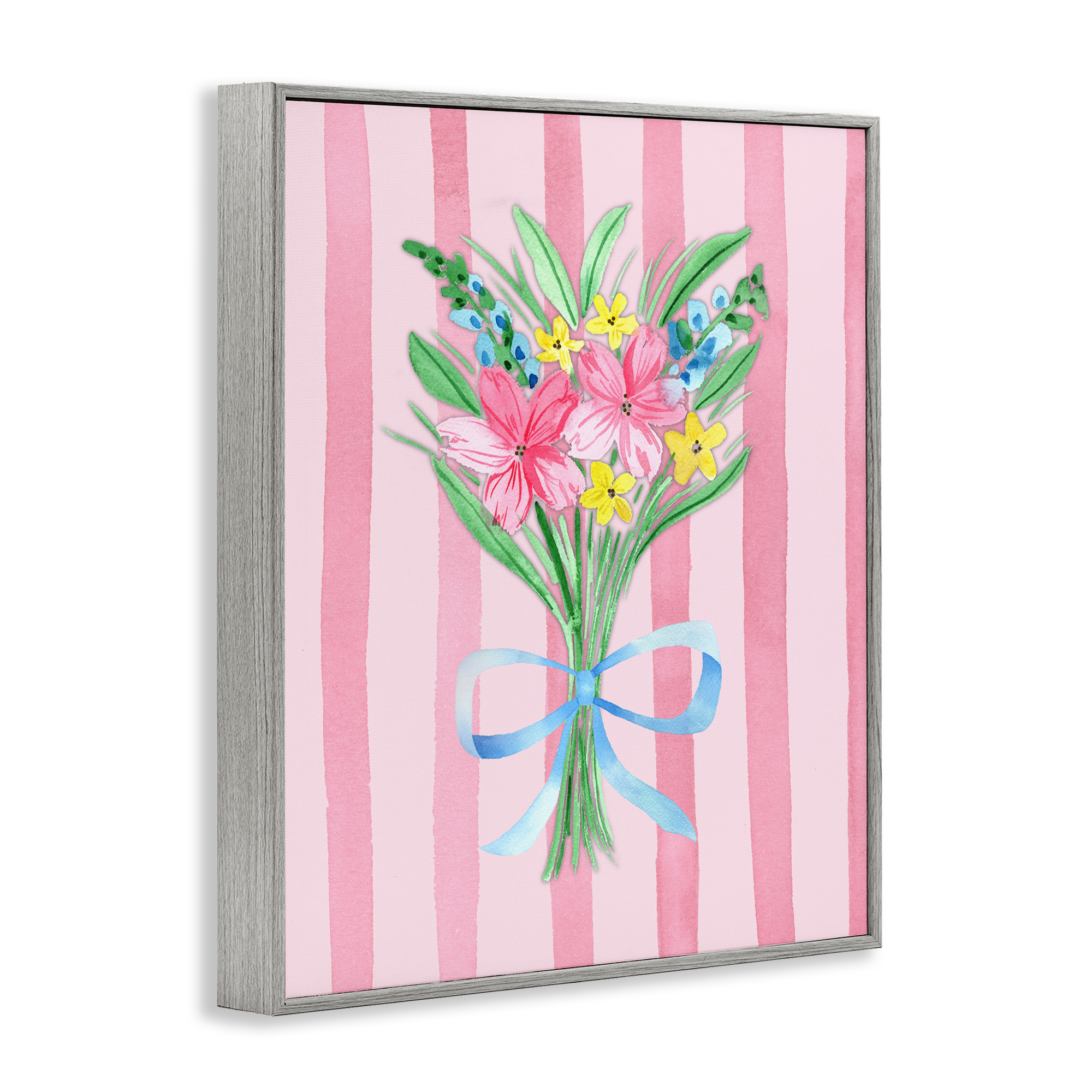 Spring Bouquet & Bow Stripes Gray Framed Giclee Art, design by Nina Jacobs