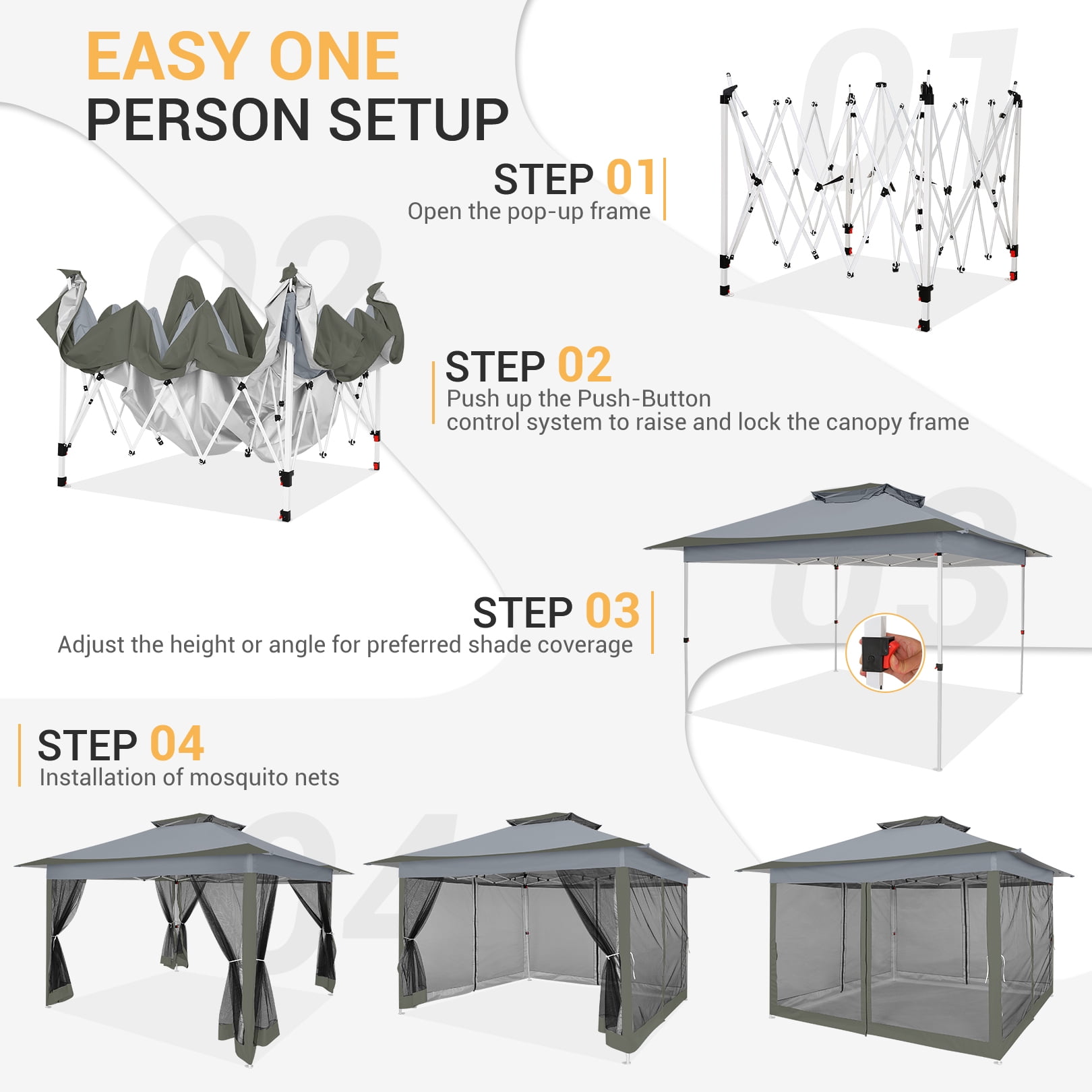 HOTEEL 12' x 12' Outdoor Pop-Up Gazebo Canopy with Mosquito Netting, 2-Tiered Vented Top, 3 Adjustable Heights for Backyard, Garden, Lawn, Gray