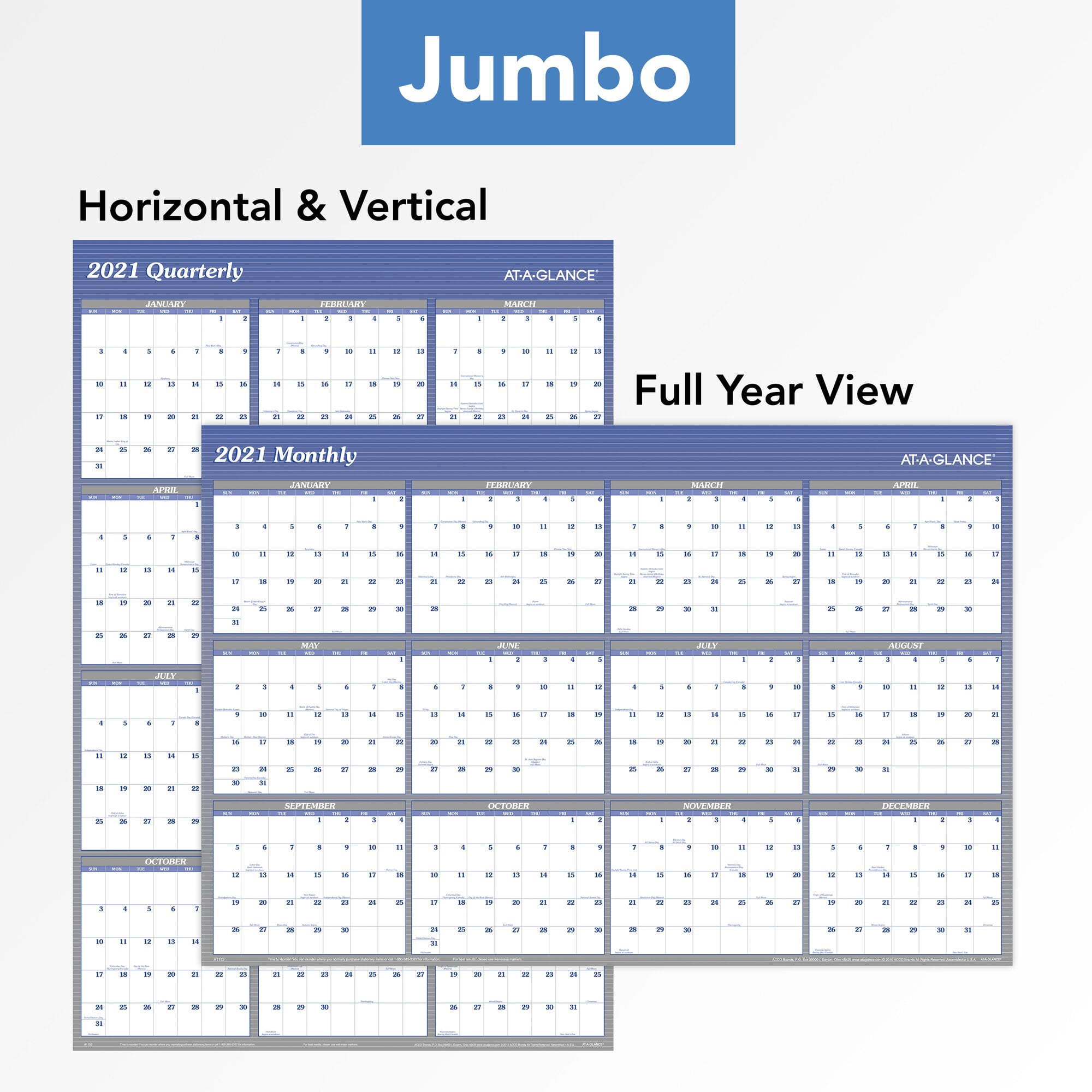 AT-A-GLANCE Vertical/Horizontal Reversible Erasable Yearly Wall Calendar, 48" x 32", Blue, January 2021 to December 2021 - A1152-21