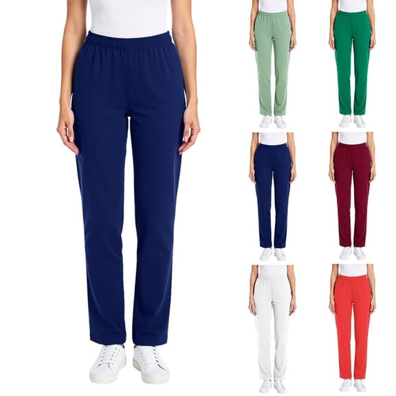 BXSRUTA Women's Elastic Waist Work Pants with Pockets Loose Fit Comfort Uniform Trousers Full Length Daily Casual Scrub Pants