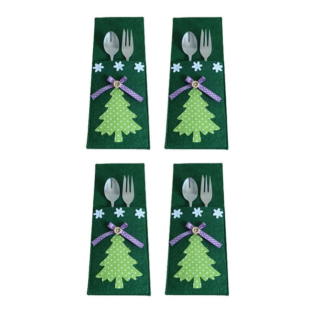 4 Pieces/Set Christmas Tree Dinnerware Holder Bag Christmas Tableware Cutlery Storage Pouch Decoration Organizer Fork Spoon Festival Party Green