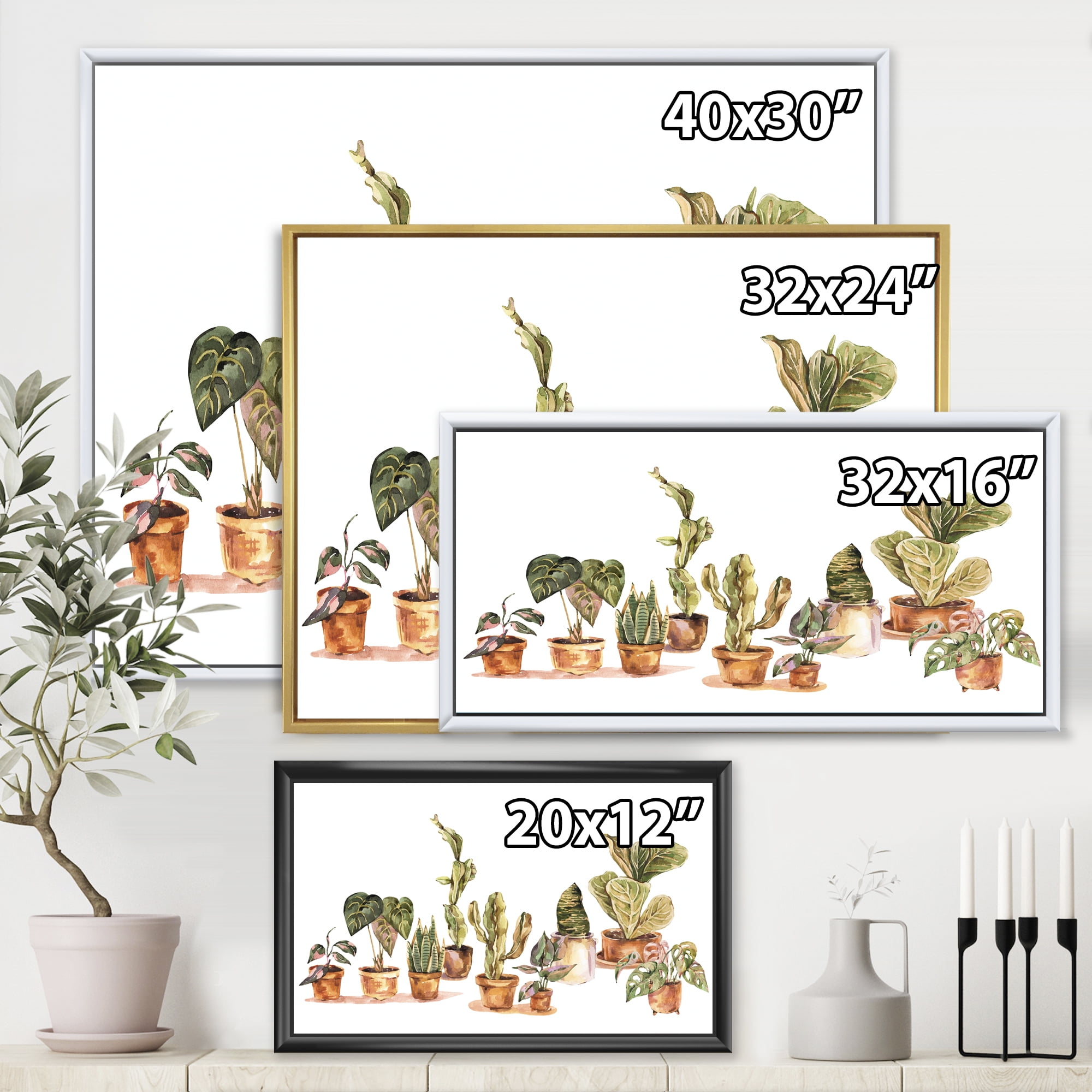 Designart 'Indoor House Plants Urban Jungle in Flowerpots I' Traditional Framed Canvas Wall Art Print