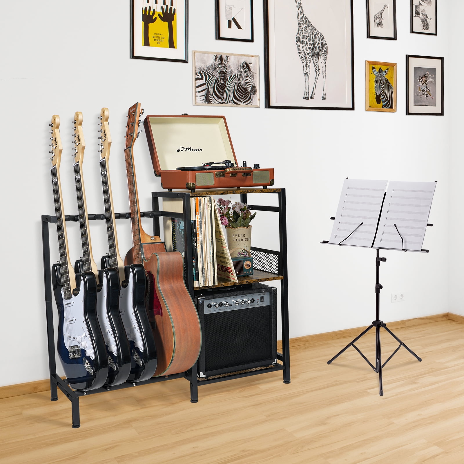 Guitar Stand for Multiple Acoustic Bass Electric Guitars Cases with Vinyl Record Storage Cabinet and 3-Tier Shelf
