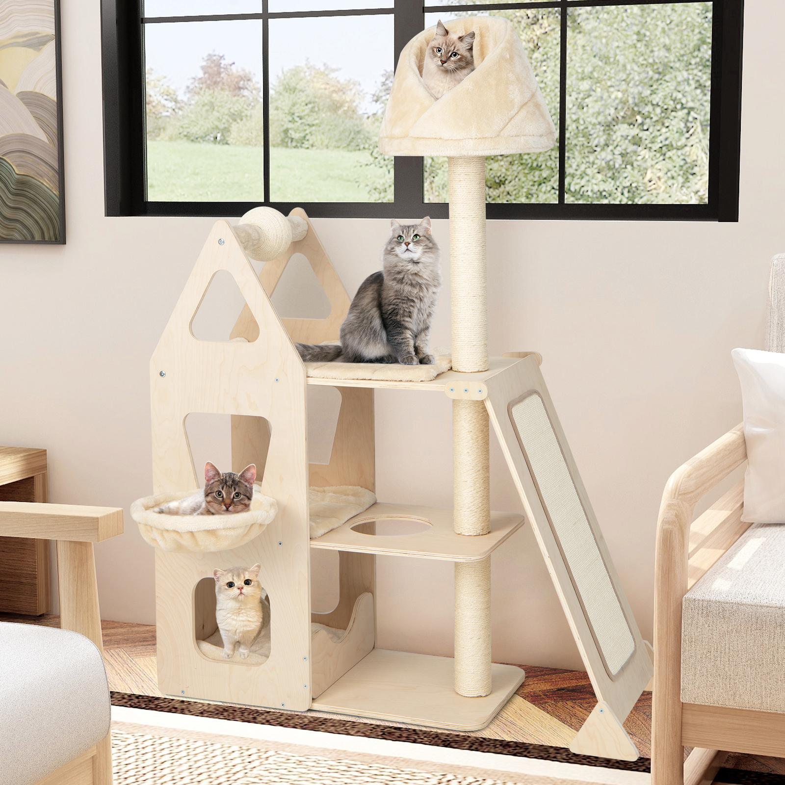 Infans 52" Tall Cat Tree w/ Scratching Post Ball & Board Plush Condo Padded Perch