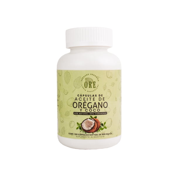 Cápsulas softgel de 500 mg de aceite de orégano y aceite de coco ORE 100pz| suplemento natural inmunológico antimicrobiano, antifungioco digestivo | frasco con cápsulas blandas