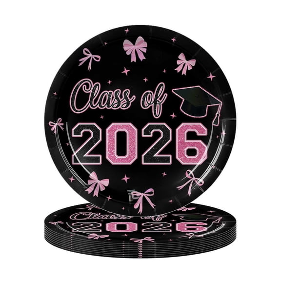 2026 Graduation Decorations, Black Disposable Paper Plates, Pink Bow Party Decorations, 7 In, 24 Pc, Graduation Party Supplies