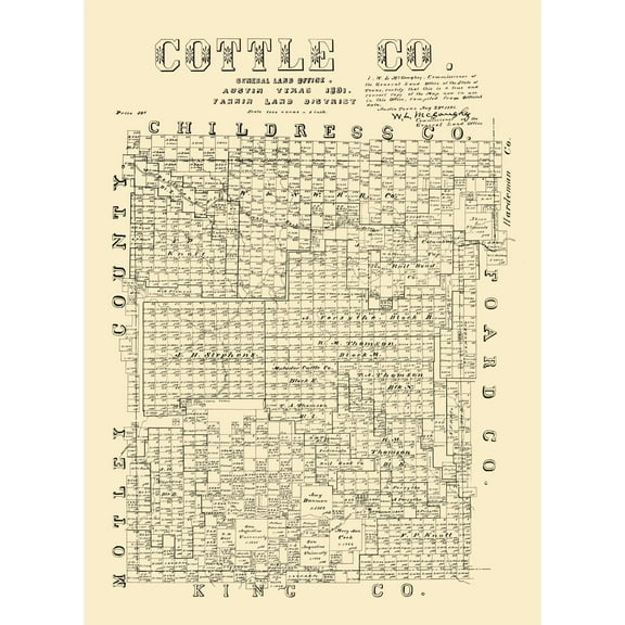 Historic County Map - Cottle County Texas - McGaughey 1891 - Vintage Wall Art