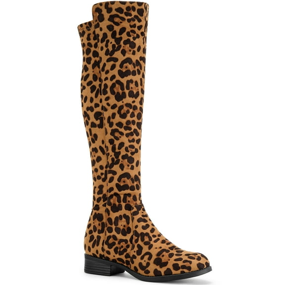 BLISSFUL STEP Women's Knee High Boots Chunky Heel Faux Suede Fall Winter Boots Leopard 9