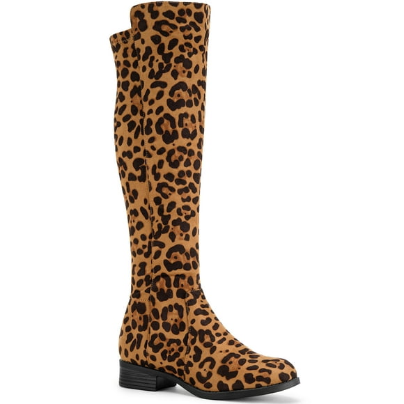 BLISSFUL STEP Women's Knee High Boots Chunky Heel Faux Suede Fall Winter Boots Leopard 9