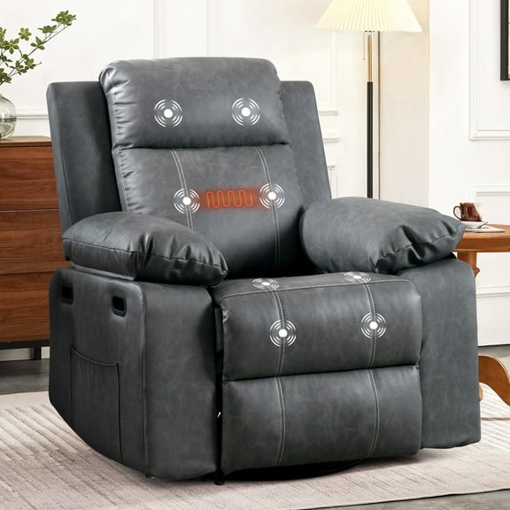 Dinosisco Swivel Rocker Recliner with Heat and Massage, Power Recliner Lounge Chair for Living Room, Gray Faux Leather