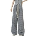 thumbnail image 2 of COSFO Elastic Waist Womens Pants White Casual Plaid Palazzo Wide Leg Pants Adjustable Width Loose Drawstring Pants, 2 of 3
