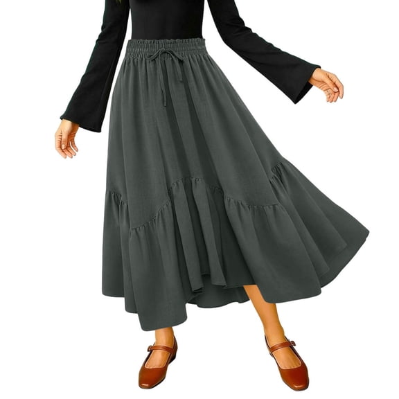 Cmfcve Women’s Vintage Ruffle Maxi Skirt Drawstring High Waist Flowy Maxi Skirt Casual Ankle Length Fall A-Line Skirt